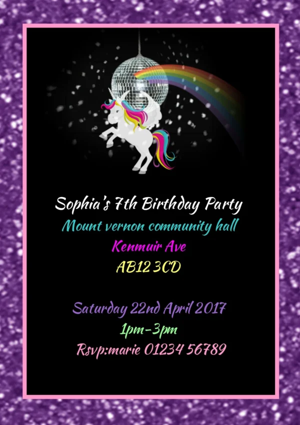Disco Unicorn Design Invites